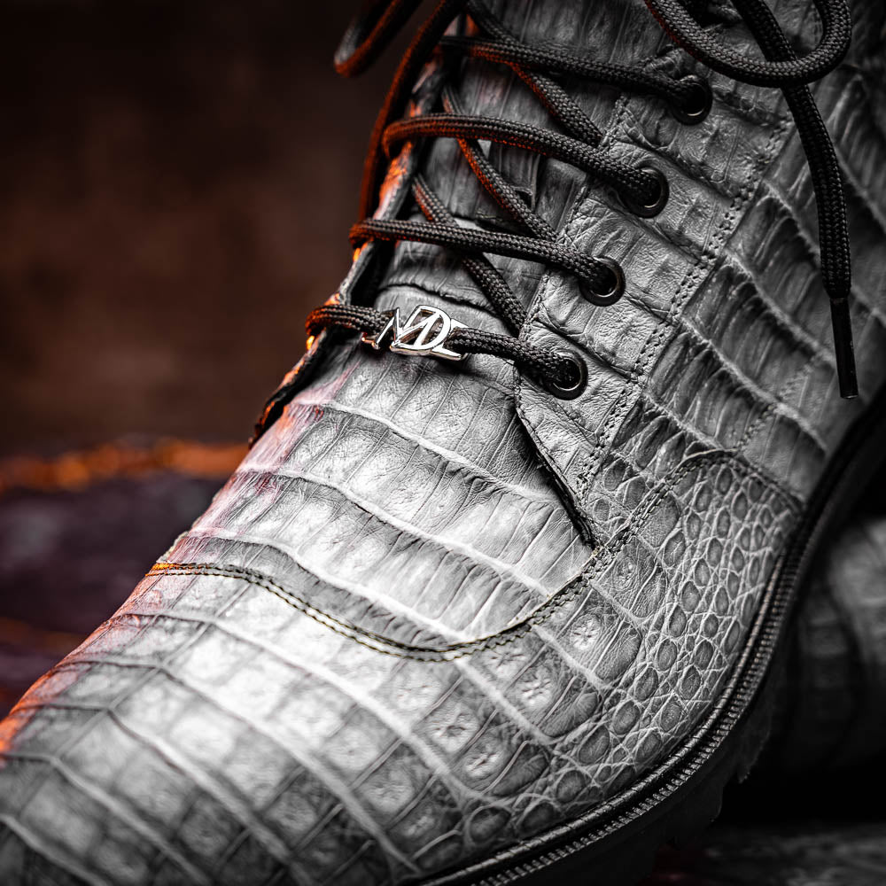 Marco Di Milano Leoni Caiman Crocodile Lace Up Boots Oil Gray