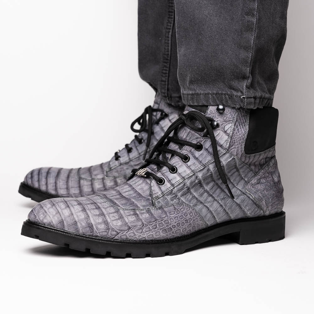 Marco Di Milano Leoni Caiman Crocodile Lace Up Boots Oil Gray