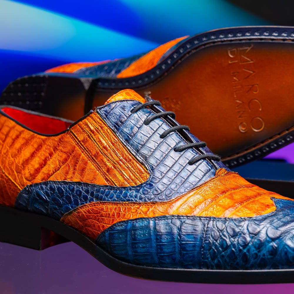 Marco Di Milano Luciano Caiman Crocodile Wingtip Shoes Blue / Brandy
