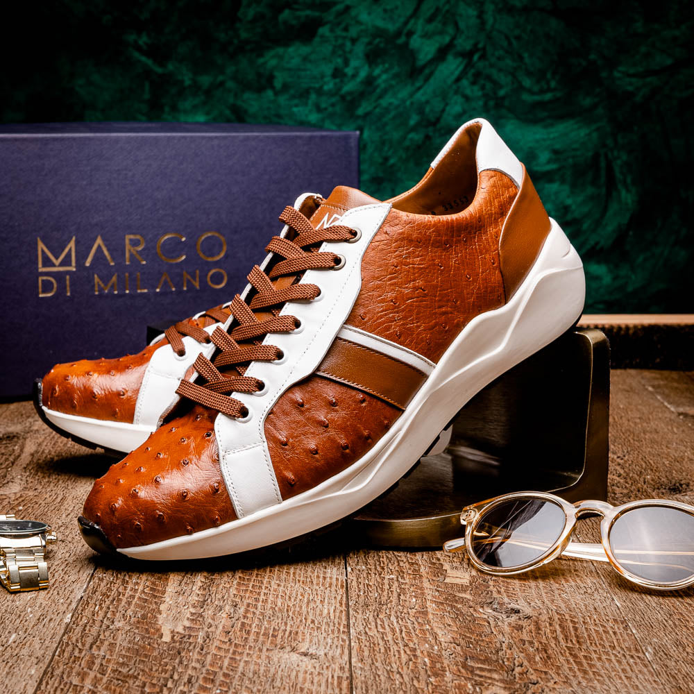 Marco Di Milano Lyon II Ostrich Quill & Calfskin Sneakers Brandy / White