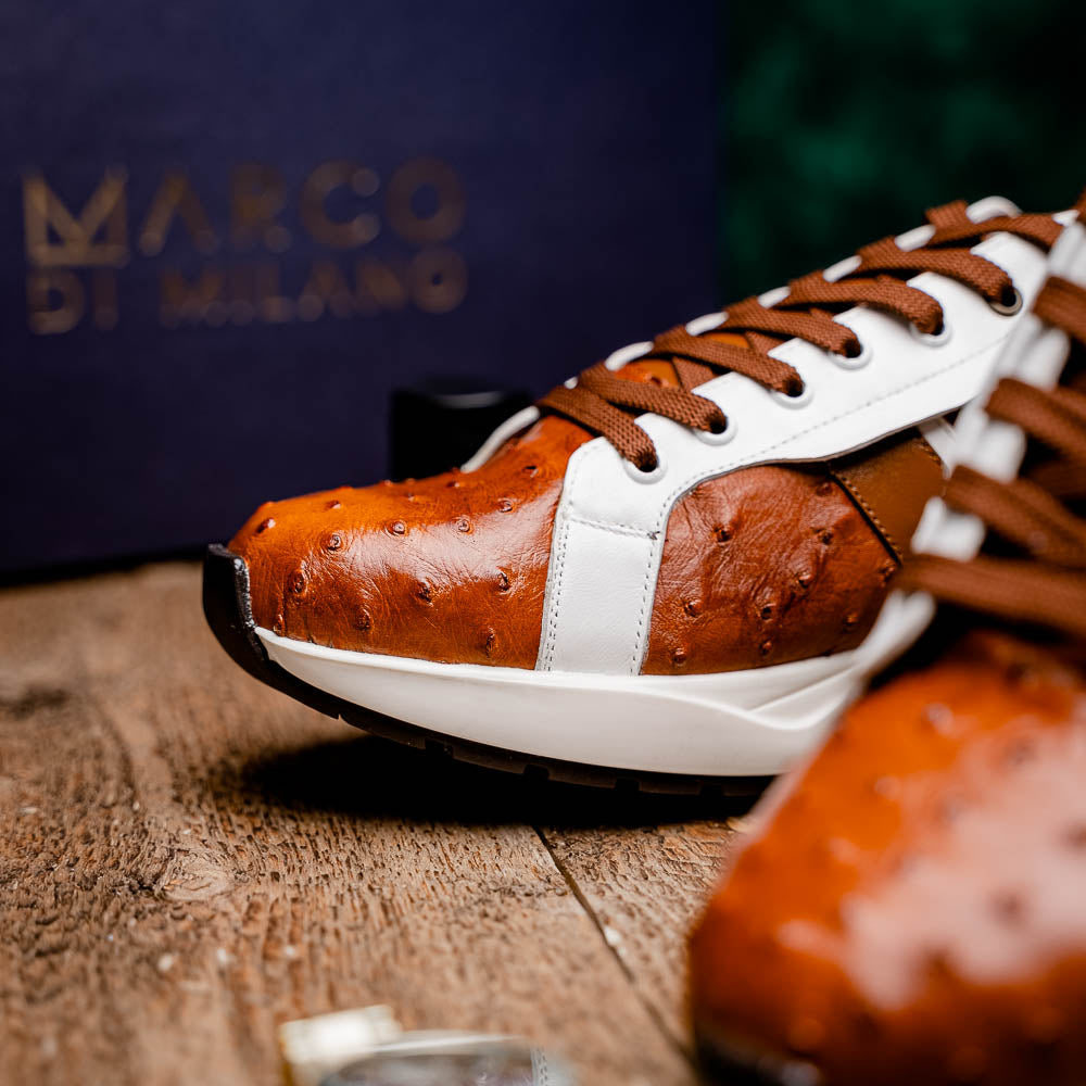 Marco Di Milano Lyon II Ostrich Quill & Calfskin Sneakers Brandy / White