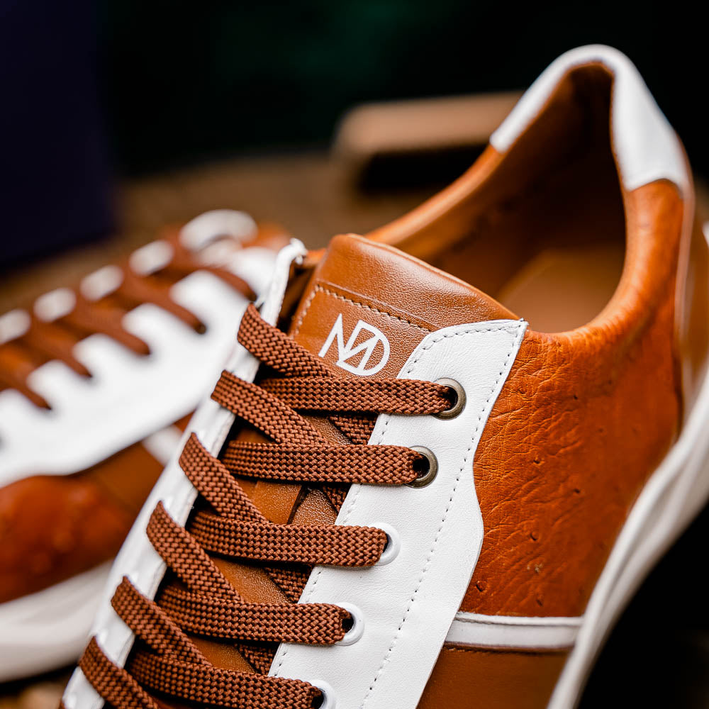 Marco Di Milano Lyon II Ostrich Quill & Calfskin Sneakers Brandy / White