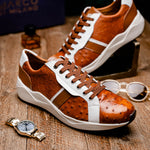 Marco Di Milano Lyon II Ostrich Quill & Calfskin Sneakers Brandy / White