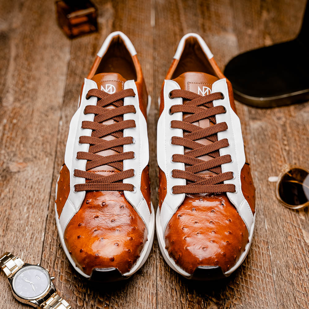 Marco Di Milano Lyon II Ostrich Quill & Calfskin Sneakers Brandy / White
