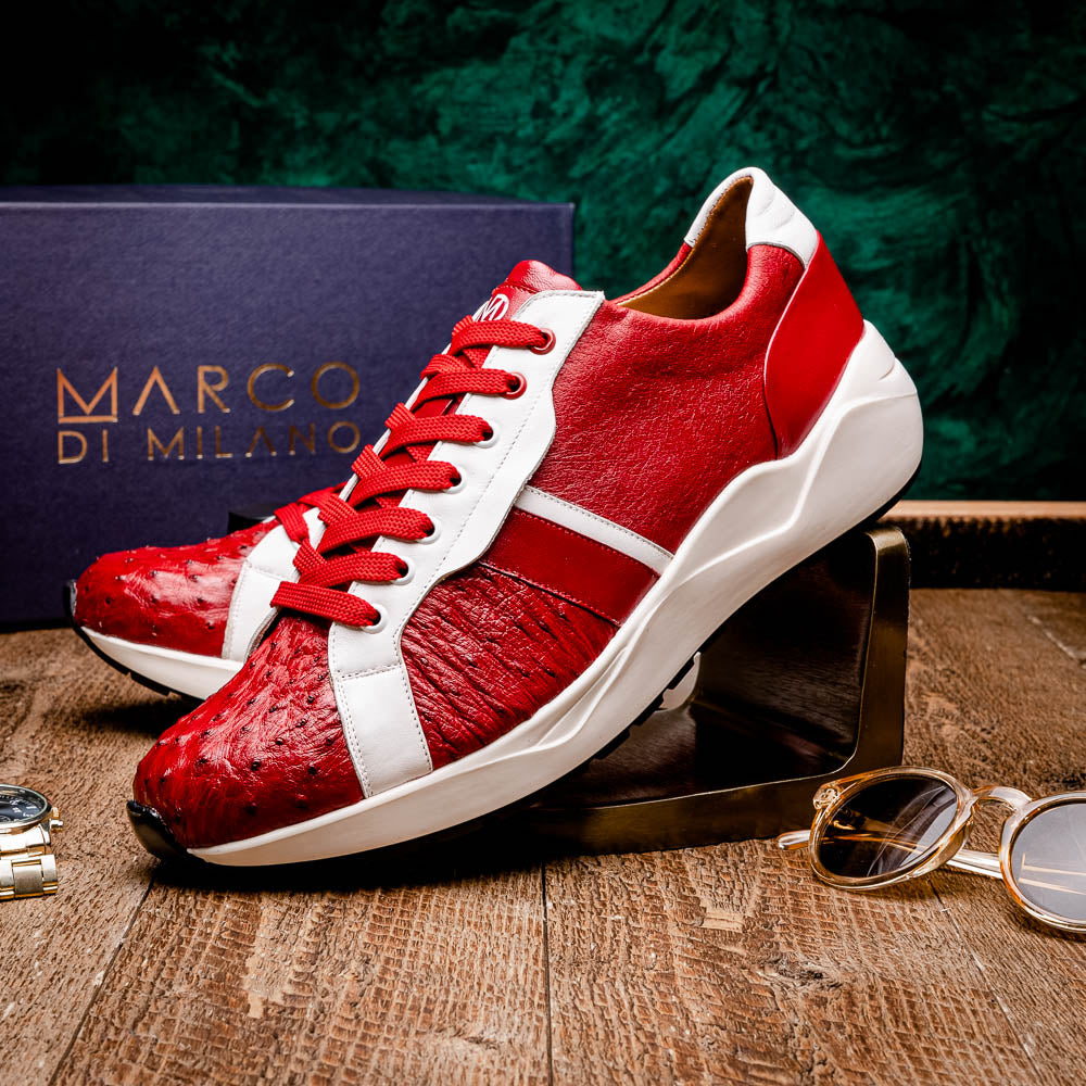 Marco Di Milano Lyon II Ostrich Quill & Calfskin Sneakers Red / White
