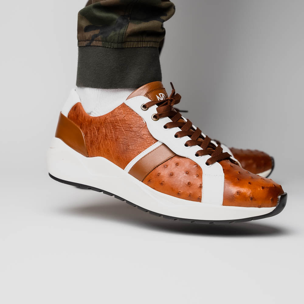 Marco Di Milano Lyon II Ostrich Quill & Calfskin Sneakers Brandy / White