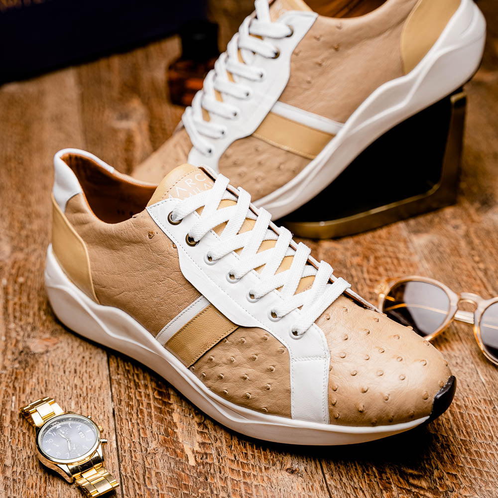 Marco Di Milano Lyon II Ostrich Quill & Calfskin Sneakers Orix / White