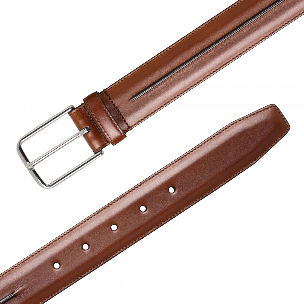 Mezlan Center-Piped Calfskin Belt Cognac