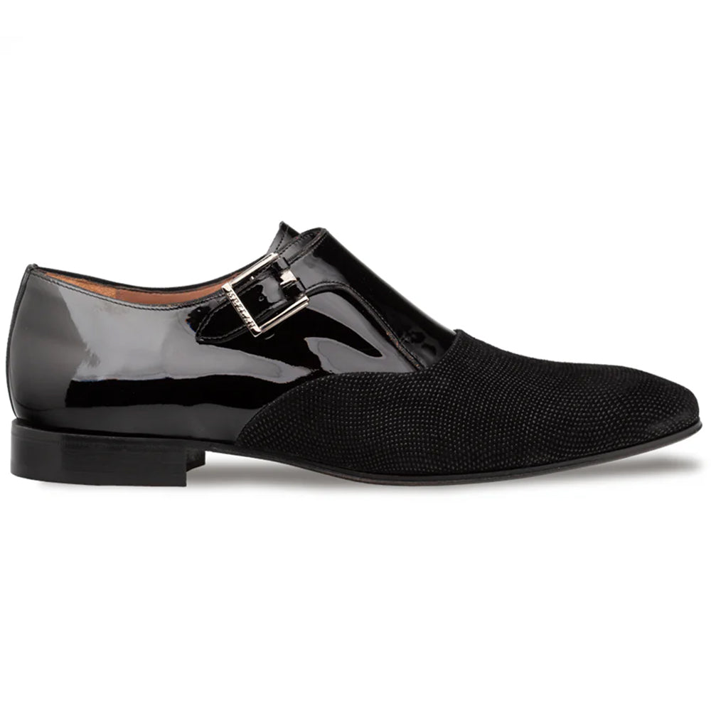 Mezlan Glass Suede / Patent Leather Formal Monk Strap Black