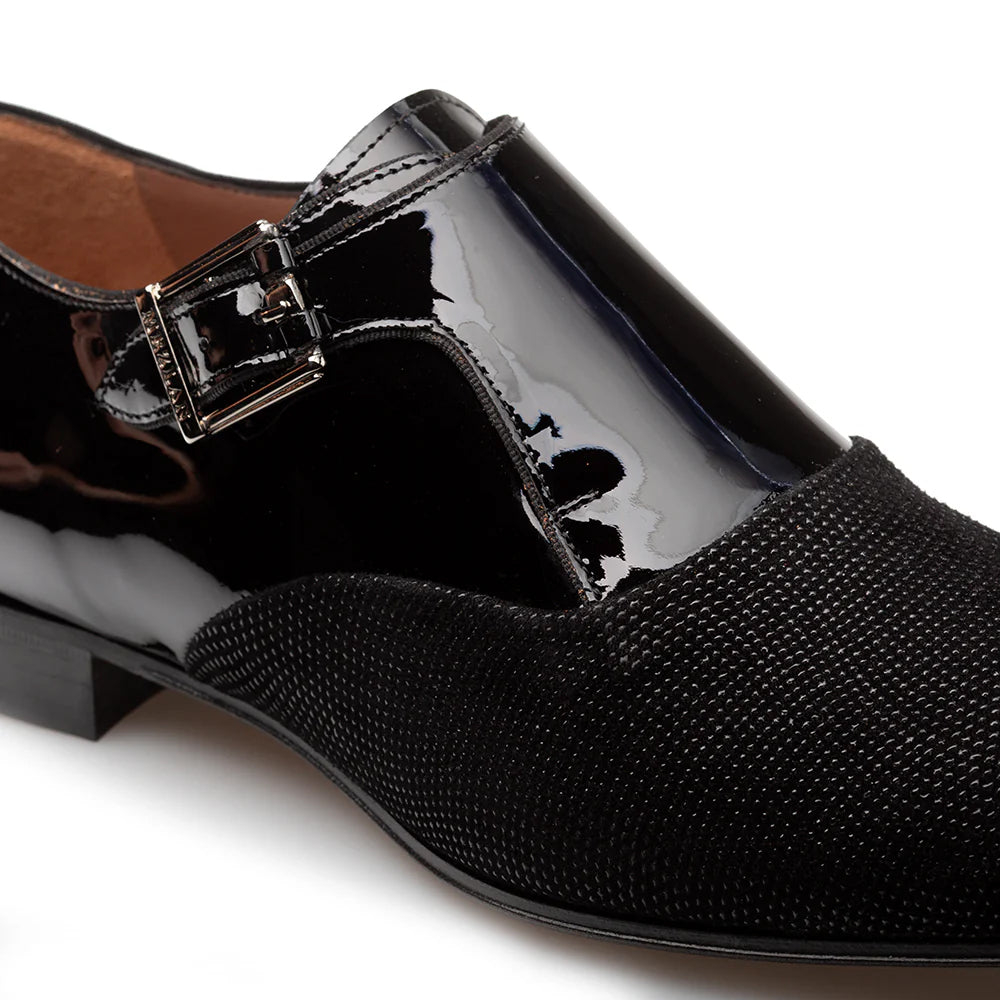 Mezlan Glass Suede / Patent Leather Formal Monk Strap Black