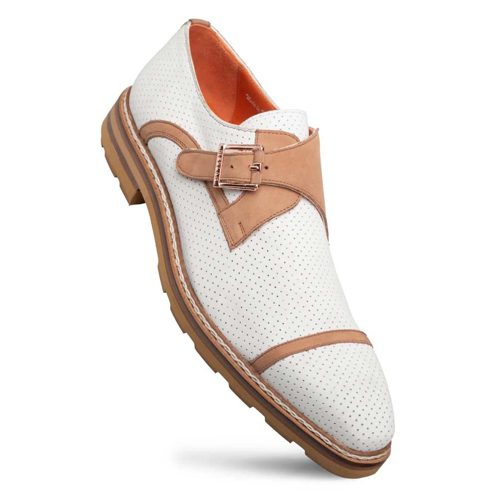 Mezlan Alari Perforated Nubuck Monk Strap Bone / Cognac (21534)