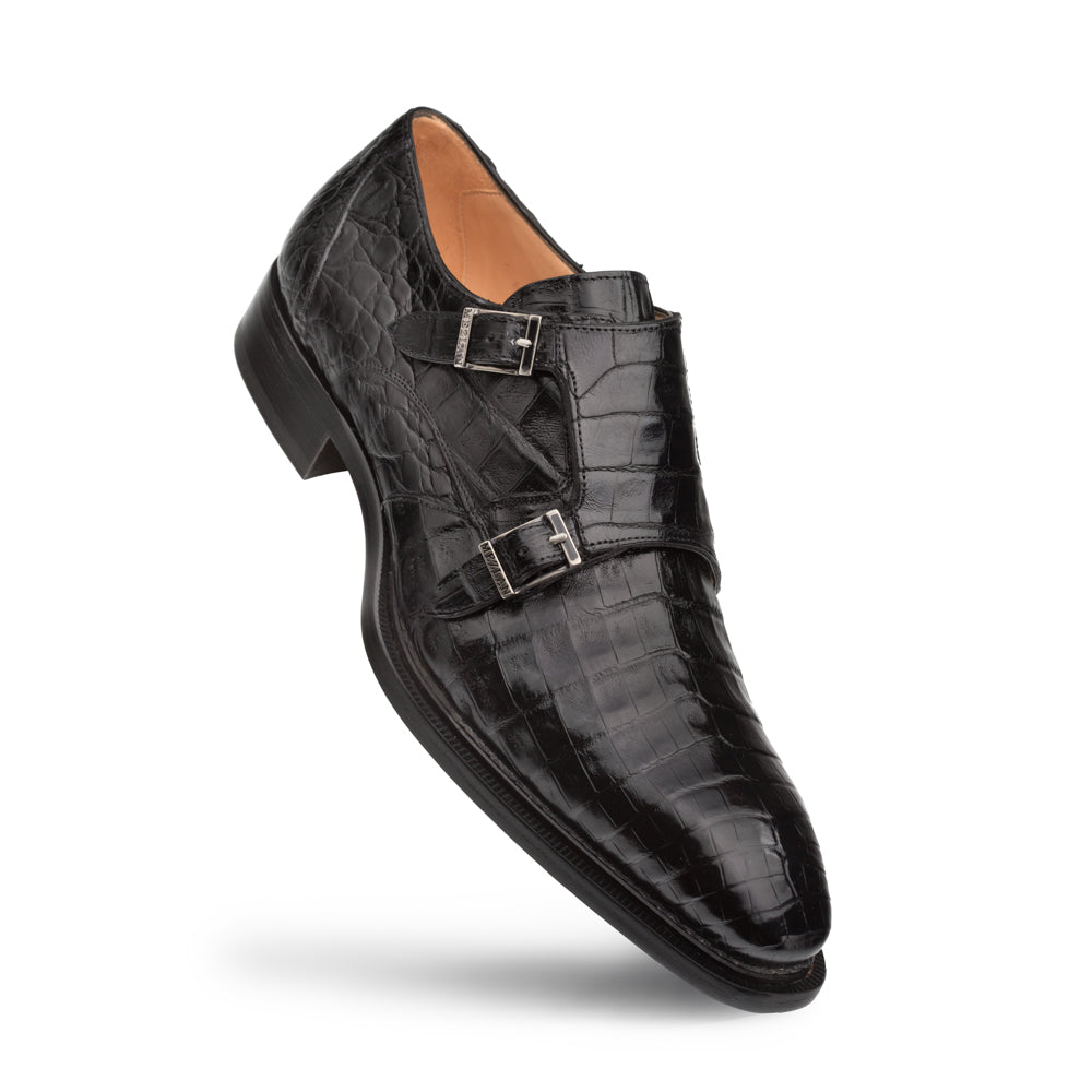 Mezlan Prague Crocodile Double Monk Strap Shoes Black