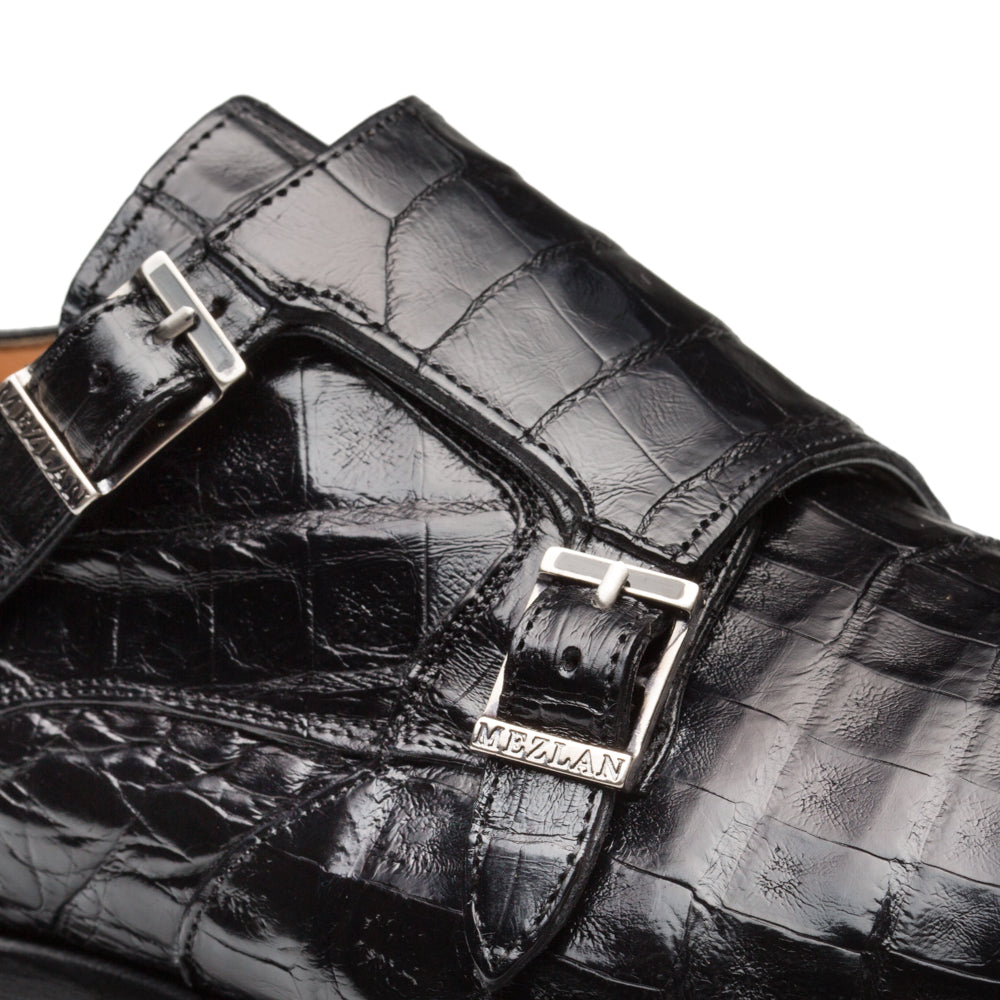 Mezlan Prague Crocodile Double Monk Strap Shoes Black