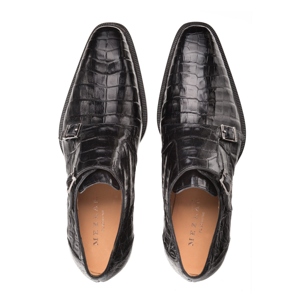 Mezlan Prague Crocodile Double Monk Strap Shoes Black