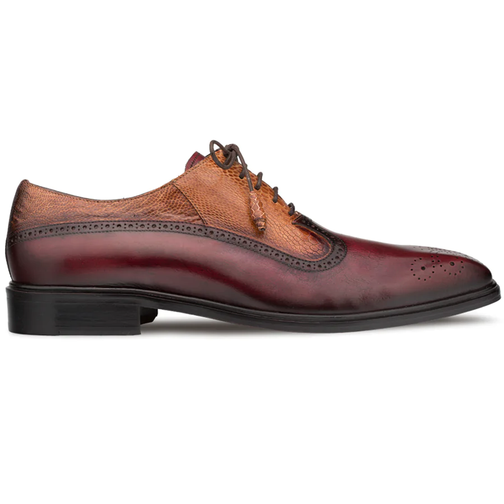 Mezlan Ostrich / Calfskin Two Tone Oxfords Burgundy / Camel