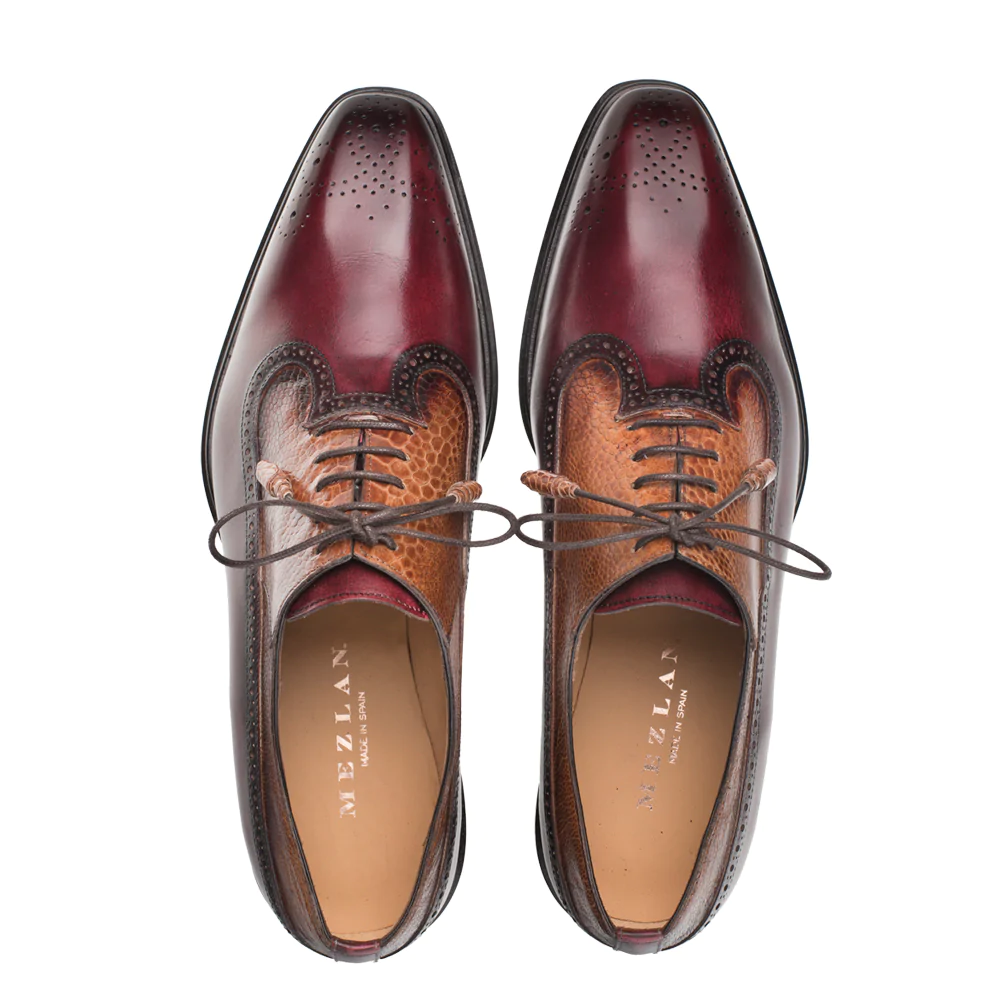 Mezlan Ostrich / Calfskin Two Tone Oxfords Burgundy / Camel