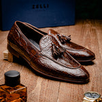 Zelli Maximo Crocodile Tassel Loafers Nicotine