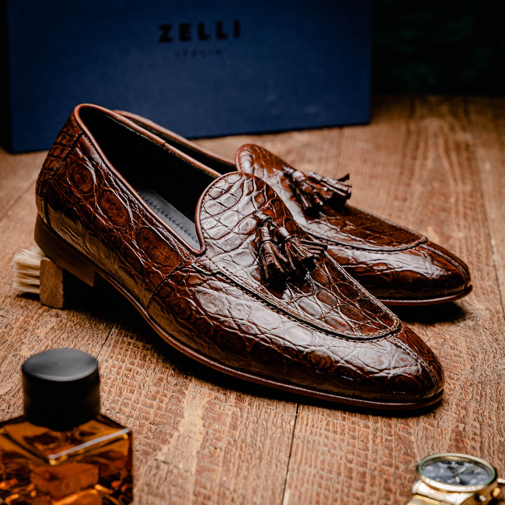 Zelli Maximo Crocodile Tassel Loafers Nicotine