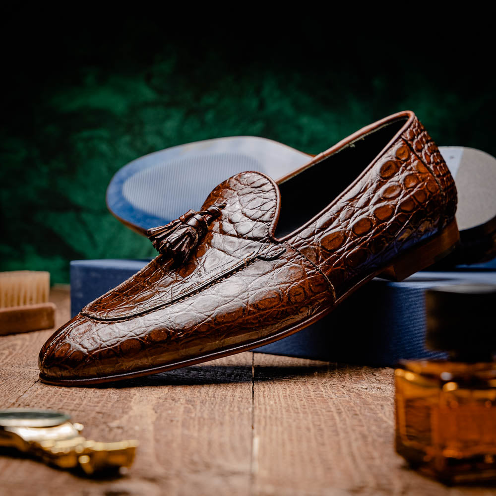 Zelli Maximo Crocodile Tassel Loafers Nicotine