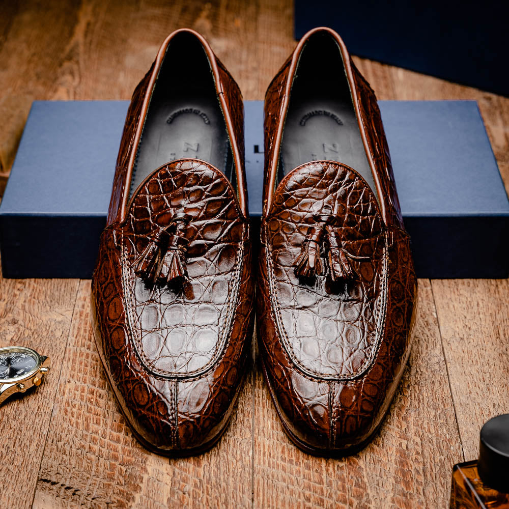 Zelli Maximo Crocodile Tassel Loafers Nicotine