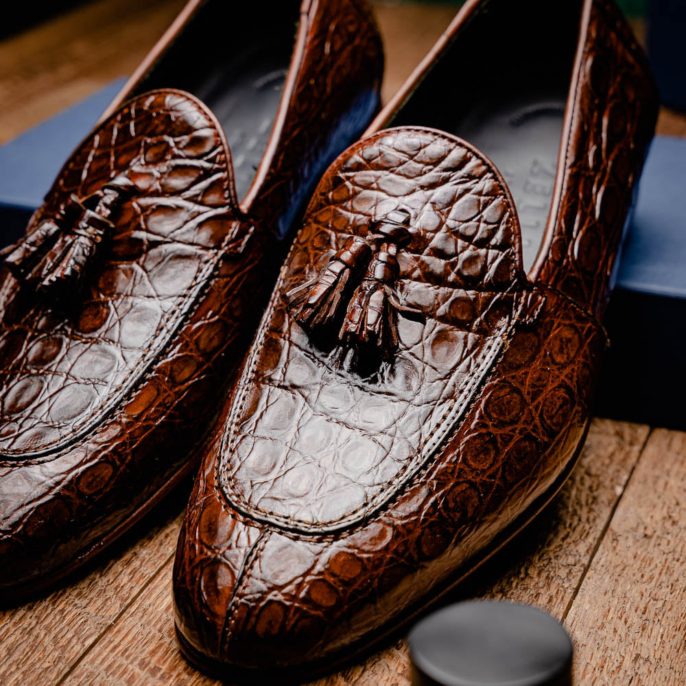 Zelli Maximo Crocodile Tassel Loafers Nicotine