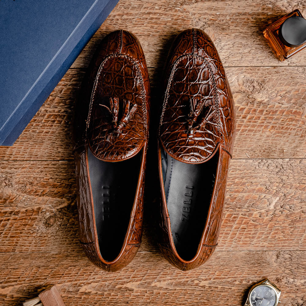 Zelli Maximo Crocodile Tassel Loafers Nicotine