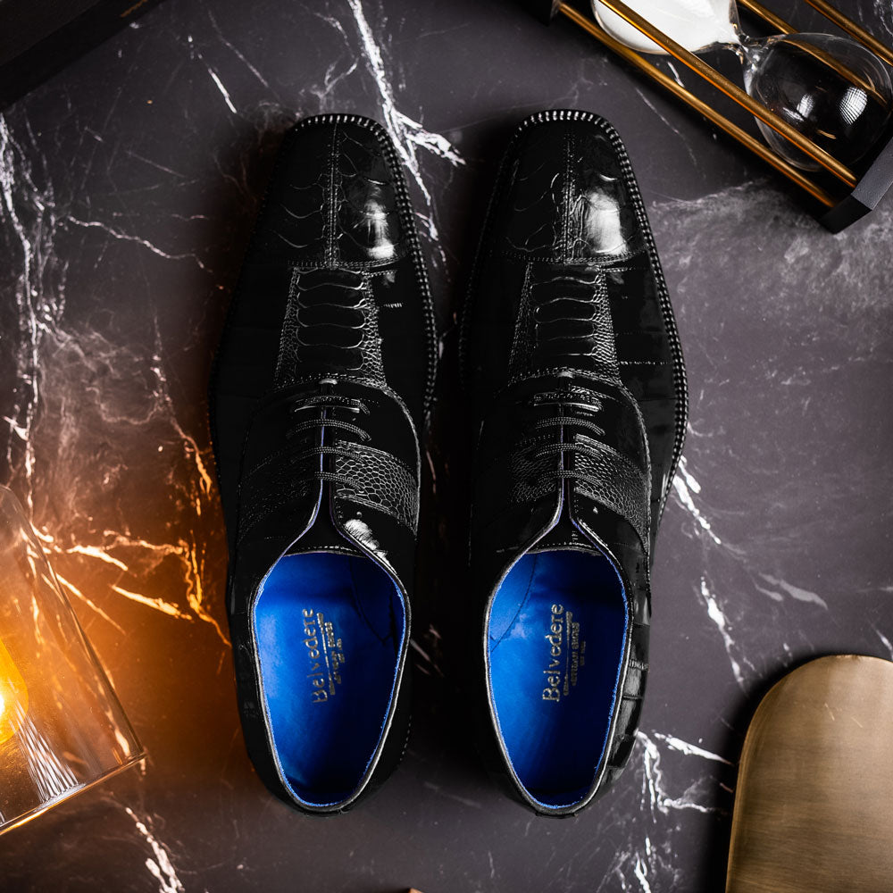 Belvedere Mare Ostrich/Eel Shoes Black (2P7) | MensDesignerShoe.com