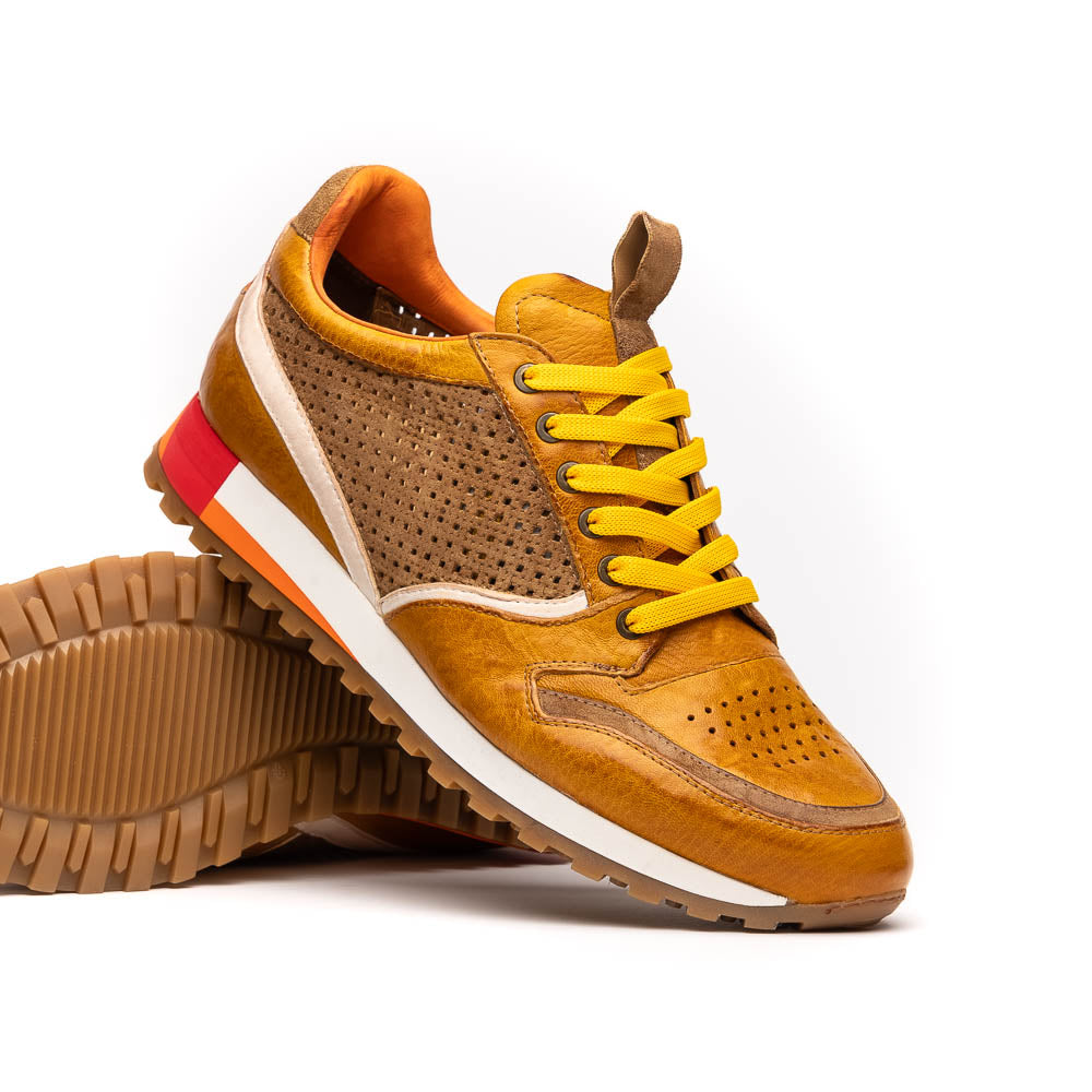 Zelli Matteo Calfskin / Perforated Suede Sneakers Mustard