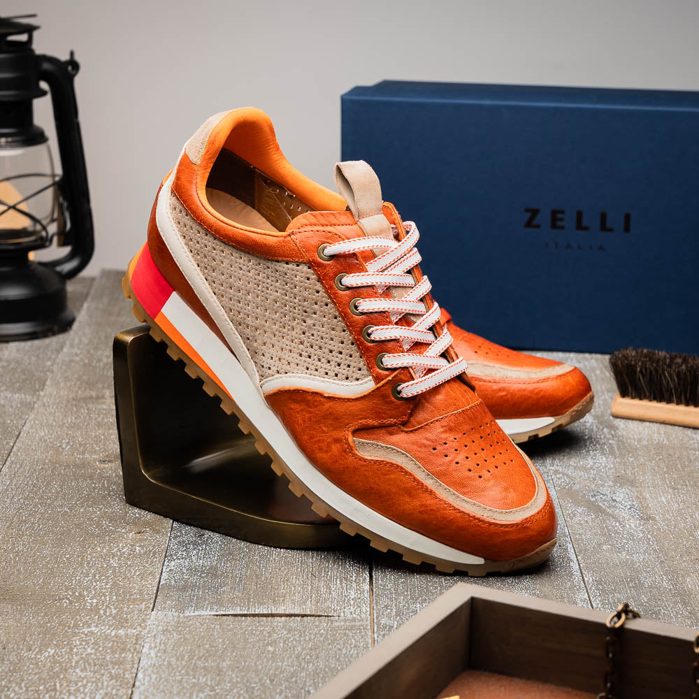 Zelli Matteo Calfskin / Perforated Suede Sneakers Burnt Orange (65-224-ONG)