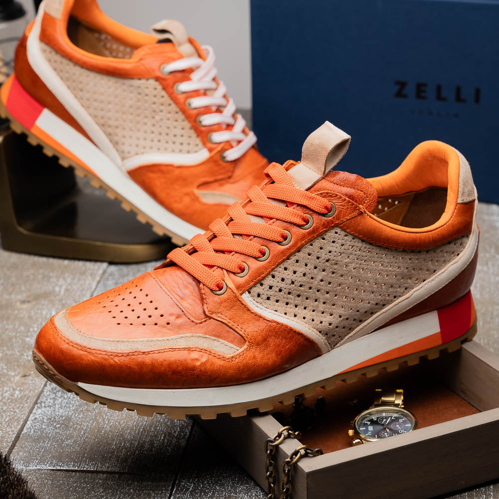 Zelli Matteo Calfskin / Perforated Suede Sneakers Burnt Orange (65-224-ORN)