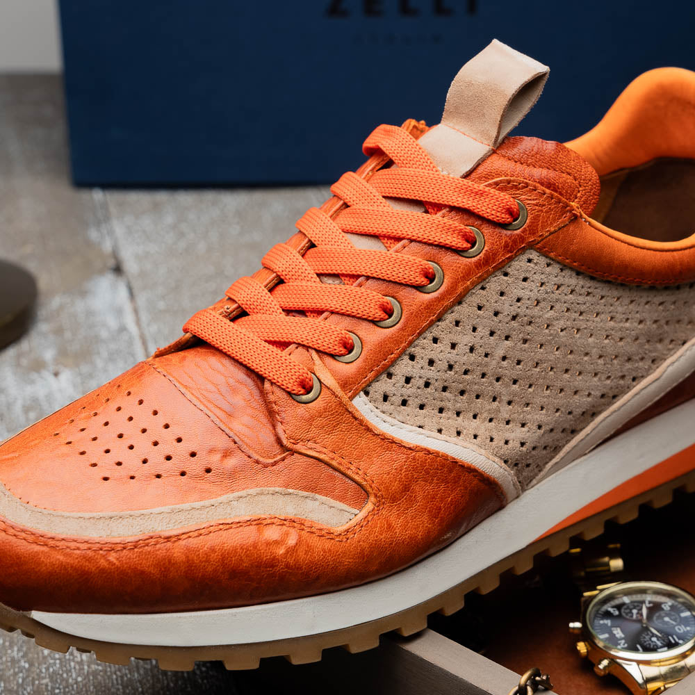Zelli Matteo Calfskin / Perforated Suede Sneakers Burnt Orange