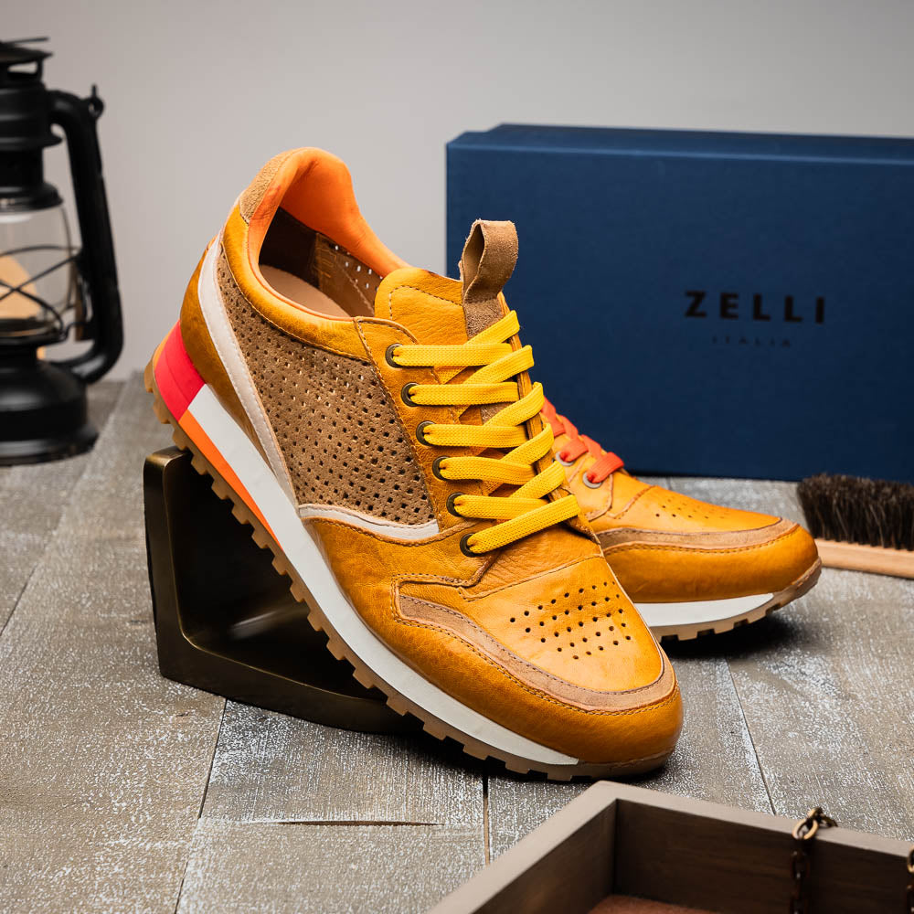 Zelli Matteo Calfskin / Perforated Suede Sneakers Mustard