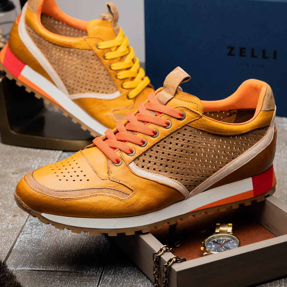 Zelli Matteo Calfskin / Perforated Suede Sneakers Mustard