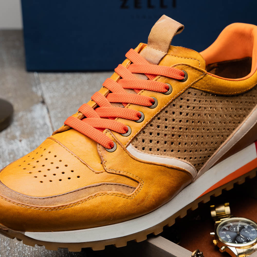 Zelli Matteo Calfskin / Perforated Suede Sneakers Mustard (65-224-MUS)