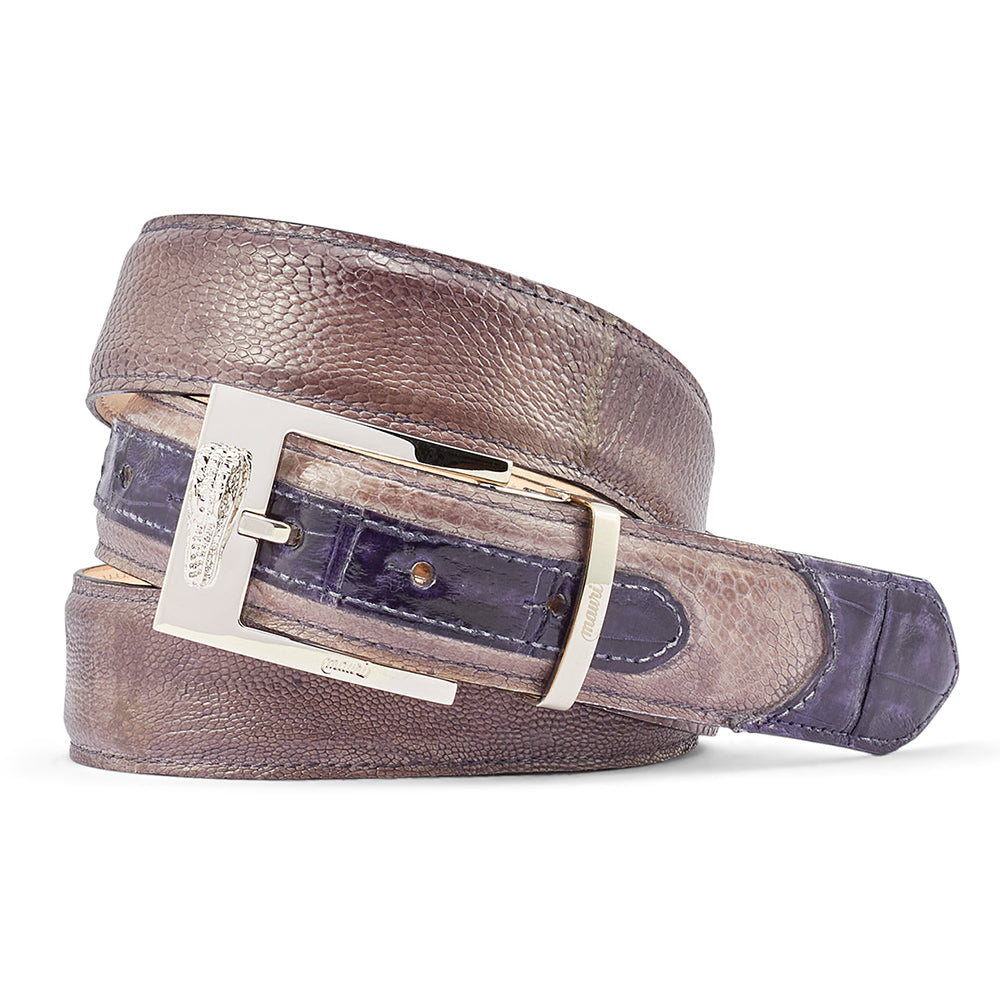 Mauri 0100/35 Baby Croc & Ostrich Leg Belt Lt Grey / W Blue