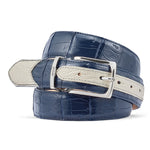 Mauri 0100/35 Ostrich Leg & Baby Croc Belt Acre Raindrops / W Blue