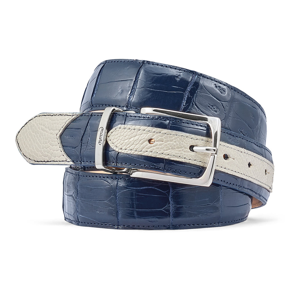 Mauri 0100/35 Ostrich Leg & Baby Croc Belt Acre Raindrops / W Blue