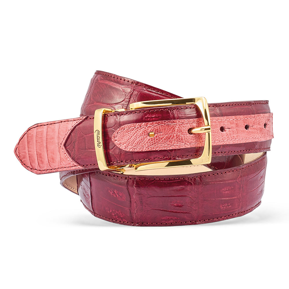 Mauri 0100/35 Ostrich Leg & Baby Croc Belt Fucsia / Ruby Red