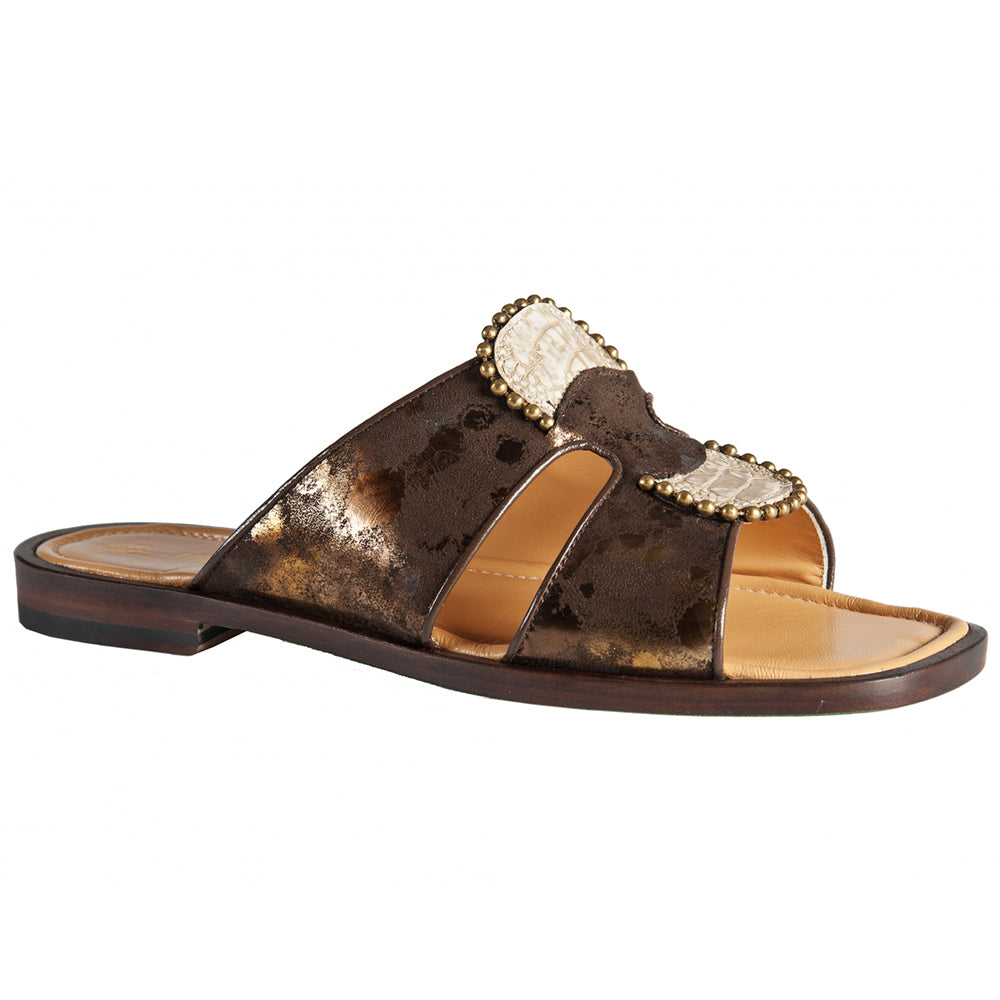 Mauri 1316/1 Machado Fabric / Ostrich Leg Suede Sandals Matt Gold / Paloma