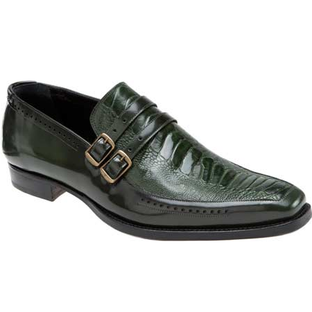 Mauri 4361 Calfskin & Ostrich Leg Monk Strap Loafers Green