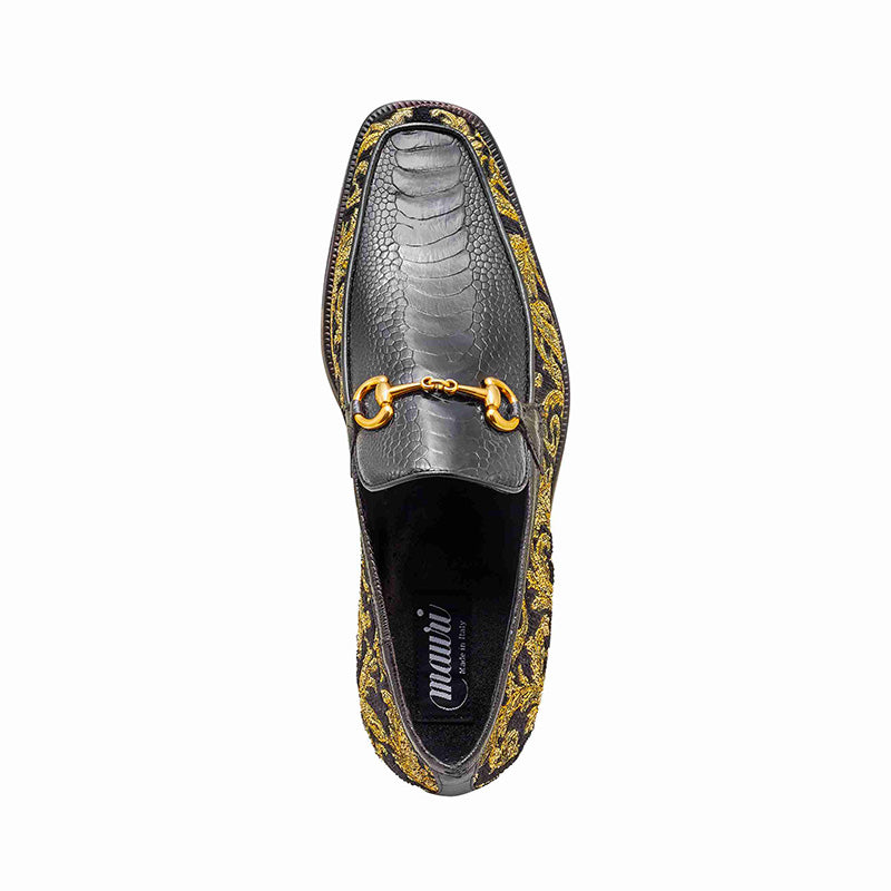Mauri 4938 Ostrich Leg / Didier Fabric Loafer Black / Gold (Special Order)