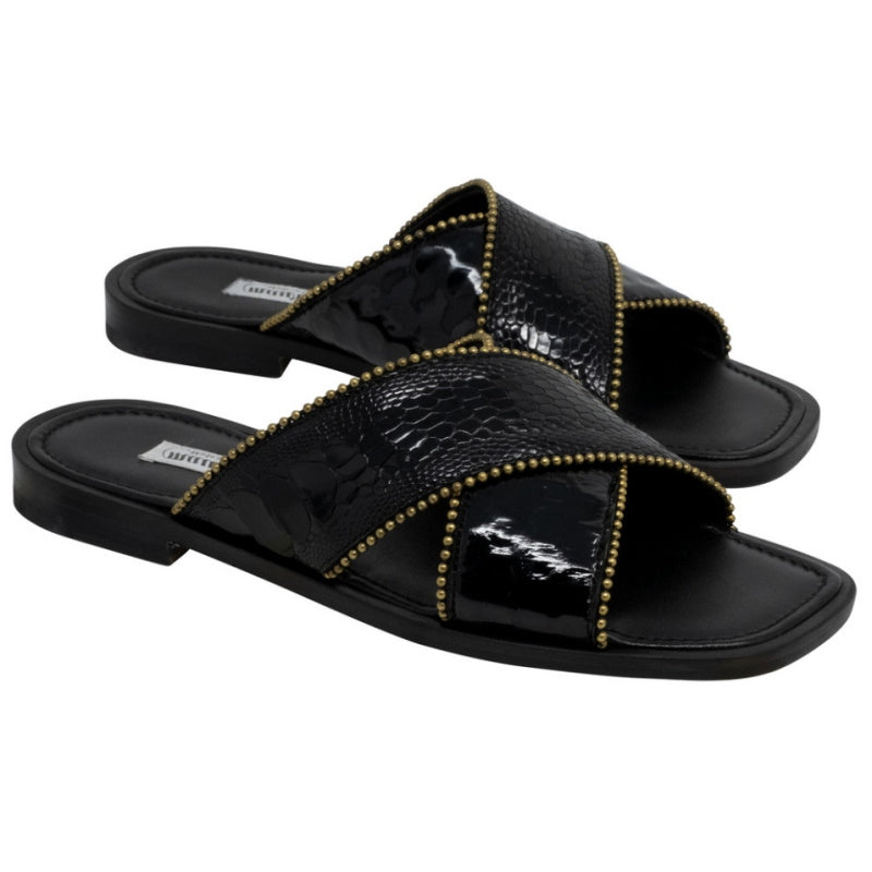 Mauri 5062 Luxor Ostrich Leg & Patent Sandals Black