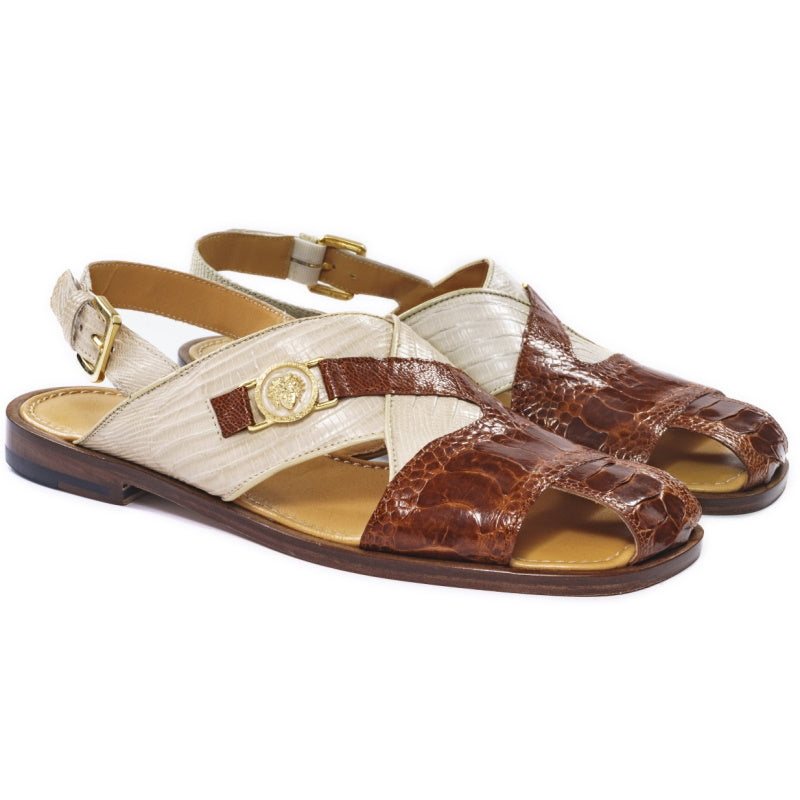 Mauri 5076 Romano Ostrich & Lizard Sandals Gold & Linen