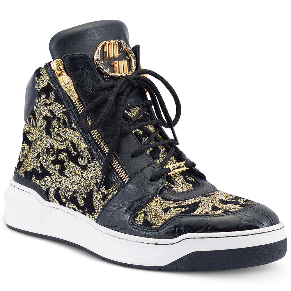 Mauri 8494 Alligator / Damask Fabric / Calfskin Sneakers Black / Gold