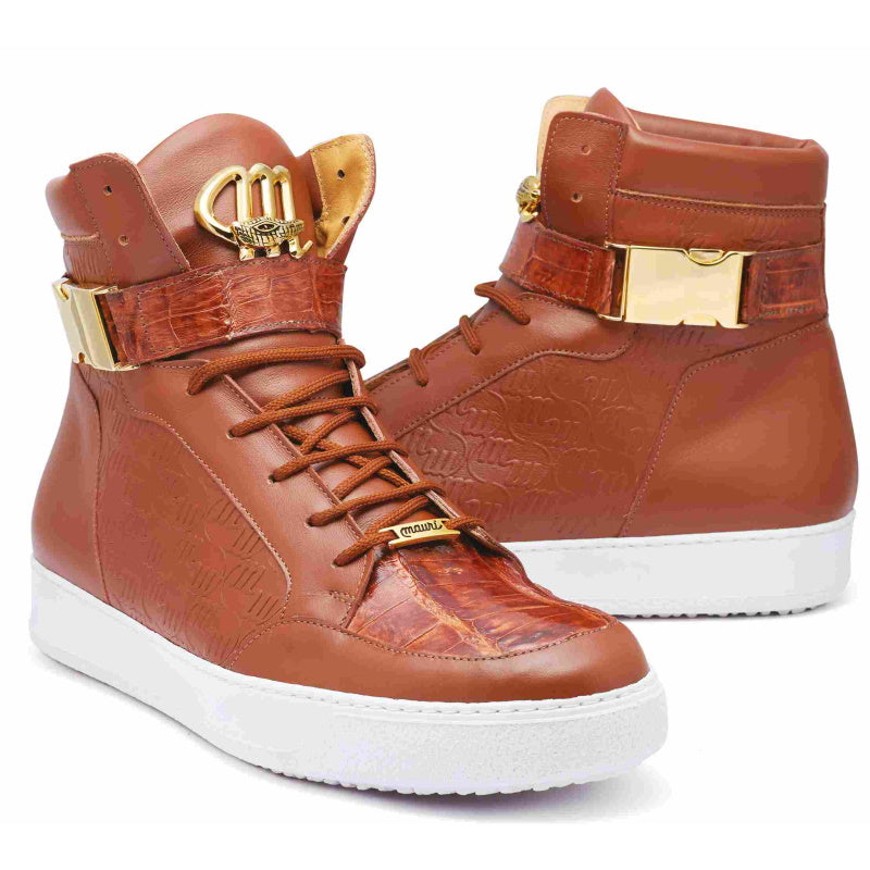 Mauri 8500 Crocodile / Patent / Nappa High Top Sneakers Cognac