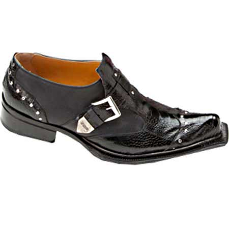 Mauri Faraone 44237 Suede & Ostrich Leg Monk Strap Shoes Black