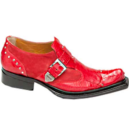 Mauri Faraone 44237 Suede & Ostrich Leg Monk Strap Shoes Red