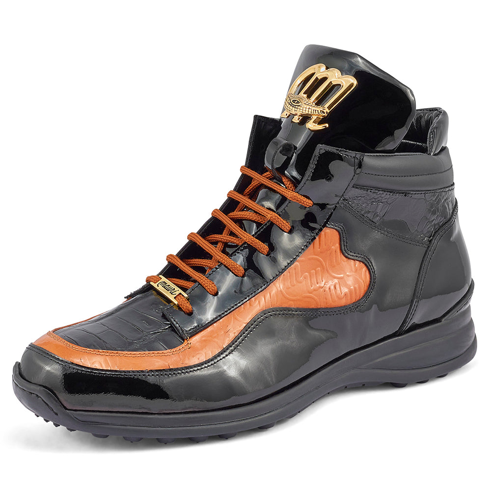 Mauri Hype 8409 Patent / Patent Embossed / Baby Croc & Ostrich Leg Sneakers Black / Cognac