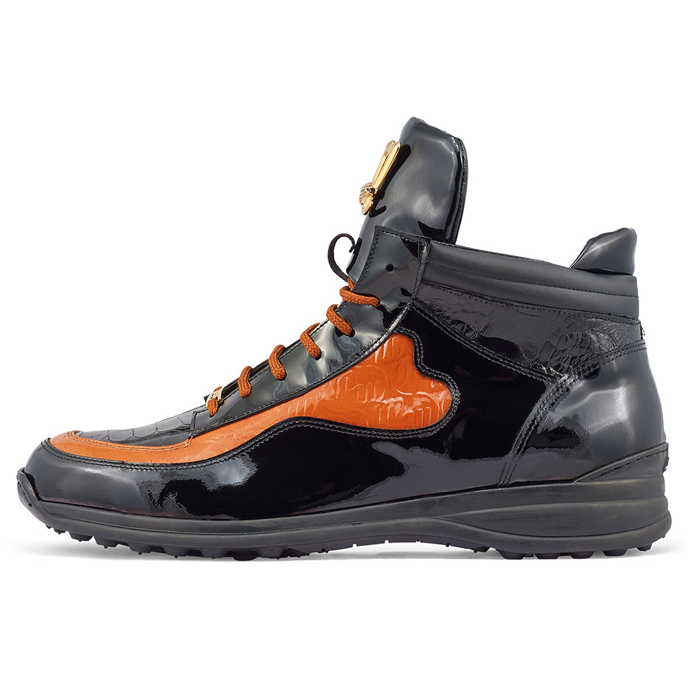 Mauri Hype 8409 Patent / Patent Embossed / Baby Croc & Ostrich Leg Sneakers Black / Cognac