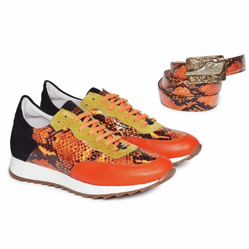 Mauri M728 Calf & Python Print & Suede Sneakers Orange
